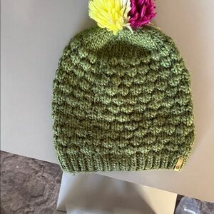 Burton Olive Knit Beanie with Colorful Pom Pom